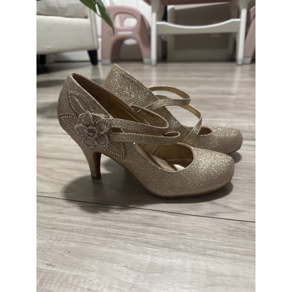 Dream Pairs Womens Gold Glitter Mary Jane Pumps Rhinestone Flower Heels Size 7